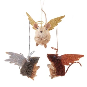 KURT ADLER SET OF 3 BURI BRISTLE ANGEL MOUSE WOODLAND CHRISTMAS ORNAMENTS S0747 - Picture 1 of 2