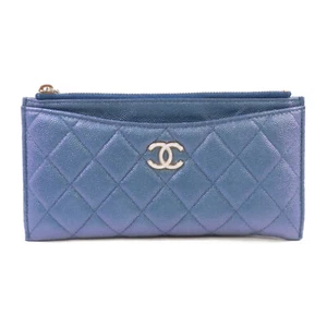 CHANEL Quilted CC GHW Pouch Long Wallet Calfskin Leather Blue - Picture 1 of 20