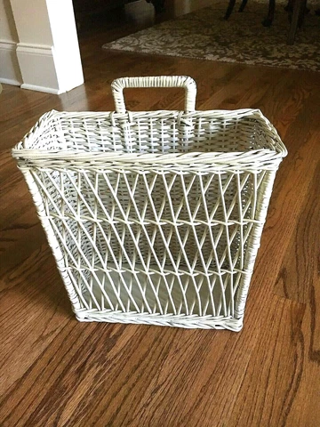 BASKET Shabby White Wood Woven Wicker FARMHOUSE COTTAGE DECOR Vintage Hang Stand Cover