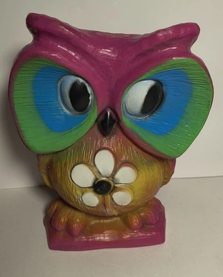 Vintage 1971 Owl Coin Bank Pink Colorful Vinyl Prod. Corp. USA  - Image 1 of 4