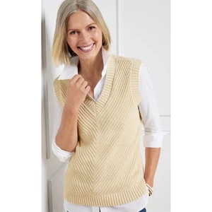 Talbots Chevron Knit Sweater Vest Cream V-neck Pullover Academia Large Petite - Picture 1 of 10