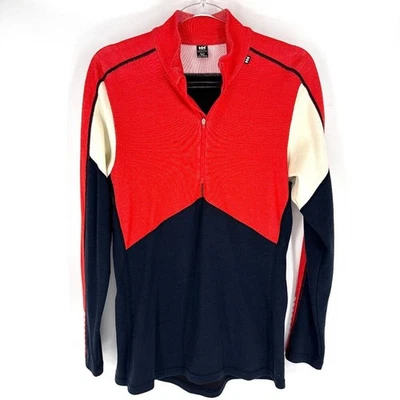 Helly Hansen Wool Blend Ski Half Zip Red Orange Navy Cream XL - Image 1 of 4