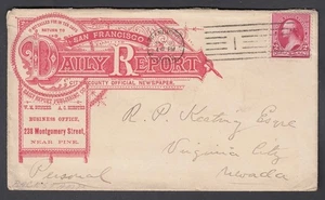 SAN FRANCISCO DAILY REPORT - 1894 NEWSPAPER AD Cover CALIFORNIA to NEVADA w BS ! - Picture 1 of 3
