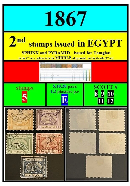 埃及邮票-1867-批量E-2套装埃及发行-5邮票-SCOTT 8至12 — 第 1/4 张图片