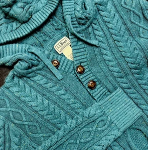 LL Bean Sweater Women M Cable Knit Fisherman Hooded Organic Cotton Chunky Blue - Picture 1 of 8