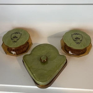 Bakelite Marbled Celluloid Jade Green 3 Vanity Pieces 1940’s Cambridge Glass - Picture 1 of 11