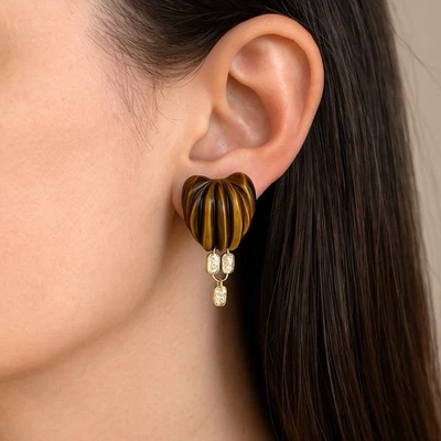 Vintage Diamond Tiger Eye Earrings Estate Fine Jewelry Pre-Owned 18K Yellow Gold - Image 1 of 4