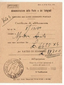 3466 01 CERTIFICATO ALLIBRAMENTO X RATEO PENSIONE - UFFICIO CC POSTALI BOLOGNA 1 - Picture 1 of 2