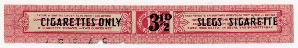 (I.B) Ingresos de Sudáfrica: impuesto de cigarrillos 31/2d en 11/2d OP (1933) sin listar Foto 1 de 1