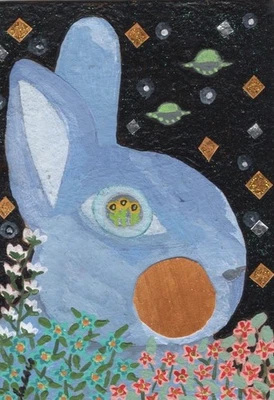 ACEO Оригинальная Картина Синий Кролик НЛО Коллаж Смешанных Материалов - Изображение 1 из 4