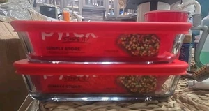 Set Of 2 Pyrex 7210 H Rectangular 3 cups Baking Storage Red Lids Made In USA - Picture 1 of 4