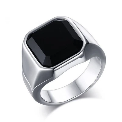 Men's Black Onyx Rings Square Agate Ring Band Size 7-14 Gift - Image 1 of 4