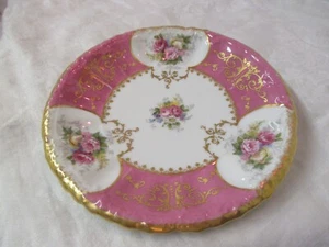 Antik Frankreich Limoges A. Lanternier Teller rosa weiß floral Gold Prägerand - Bild 1 von 5