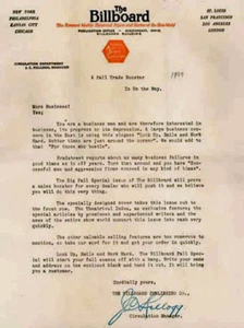 LETTERHEAD 1929 The BILLBOARD MAGAZINE music J. C. KELLOGG - Imagen 1 de 1