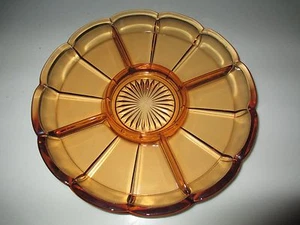 VINTAGE 10" DIAMETER AMBER DEPRESSION GLASS 5 DIVIDED RELISH DISH-SCALLOPED RIM - Picture 1 of 11