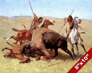 THE BUFFALO HUNT NATIVE AMERICAN INDIAN OIL PAINTING ART PRINT ON REAL CANVAS - Picture 1 of 6