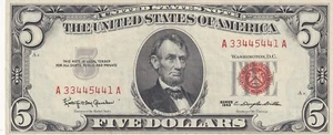 1963 Fünf Dollar Schein 5 Dollar rotes Siegel Papiergeld Note Währung - Bild 1 von 2