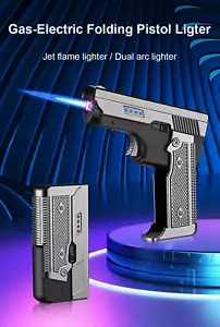 Pistol-Shaped Gas & Electric Dual Flame cigarette Lighter - USB Rechargeable - Picture 1 of 14