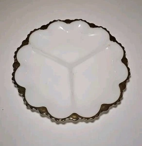 White Milk Glass Divided Dish Serving Platter Gold Scalloped Rim MCM Vintage - Picture 1 of 3