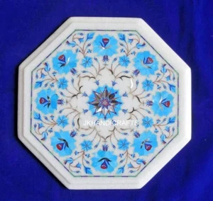 White Marble Table Top Rare Turquoise Fine Floral Inlay Work Home Decor Gift 24" - Picture 1 of 8