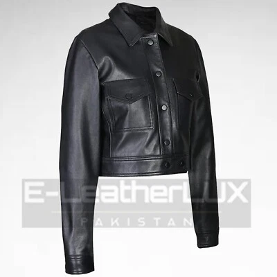 Chaqueta de cuero recortada de moto hecha a mano para mujer piel de oveja genuina de primera calidad Foto 1 de 4