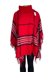 Talbots Women's Red Plaid Poncho With Fringe Hem & Turtleneck Sweater Sz M/L-NEW - Picture 1 of 8
