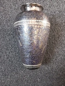 Silver And Blue Etched Metal Vase - Picture 1 of 8