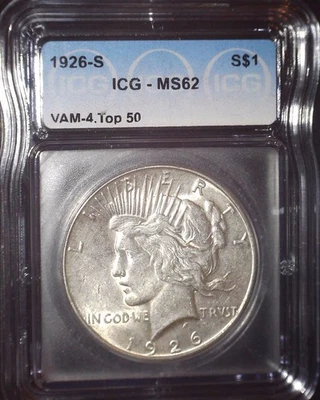 1926-S Peace Silver Dollar, ICG MS 62. VAM 4 TOP 50, and Issue Free - Image 1 of 3