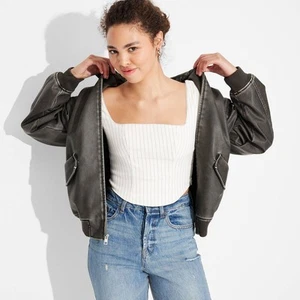 Women's Faux Leather Bomber Jacket - Wild Fable Black S - Picture 1 of 3