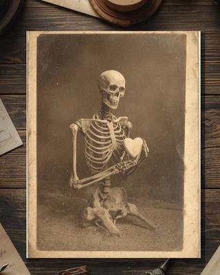 Vintage Victorian Skeleton Holding Heart Valentine Card Gothic Macabre Antique - Image 1 of 4