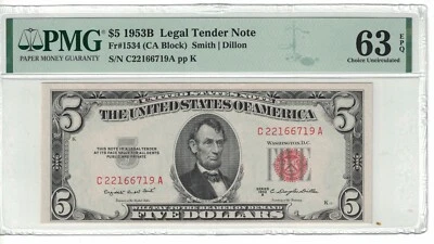 US Banknotes $5 Dollars Bill 1953B Fr# 1534 PMG: 63 EPQ UNC. #PL1503 - Image 1 of 2