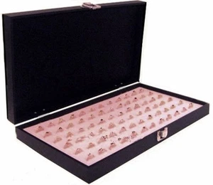 Grained Leatherette Wood Solid Top Lid Pink 72 Ring Jewelry Display Box Case - Picture 1 of 3