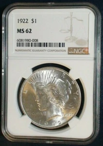 1922 PEACE SILVER DOLLAR $1 COIN. NGC GRADED: MS 62. NGC CERT: 6081980-008 - Picture 1 of 2