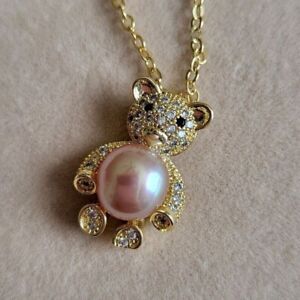 2.20Ct Round Cut Pearl Teddy Bear Pendant 14K Yellow Gold Plated 18" Free Chain