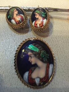 ANTIKE 14K GOLD HANDBEMALTE PORZELLAN PORTRAIT BROSCHE / ANHÄNGER UND OHRRINGE - Bild 1 von 12
