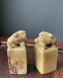 PAIR Antique Chinese Stone Oriental Fo Lions Figures Seals - Picture 1 of 7