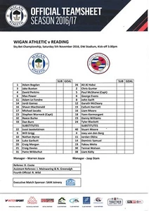 Teamsheet - Wigan Athletic v Reading 2016/17 (5 Nov) - Picture 1 of 1