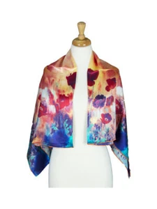 Red Flower Mulberry Satin Silk Stole Women Square Scarf - Picture 1 of 5