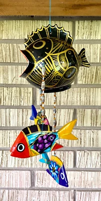 Hanging Folk Art Coconut Fish Hand Carved Mexico Home Tropical Wind Chime #24 - Image 1 of 4