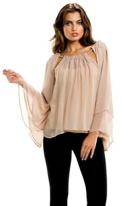 Elan Blouse Women's Sm Beige Chiffon Tunic Top with Adjustable Cut Out Neckline - Picture 1 of 3
