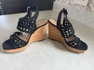 Mix No 6 Black Macrame Cork Platform Wedge Ankle Strap Sandal Shoe Pump - 6 NEW - Picture 1 of 6