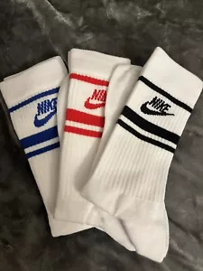 Nike essential retro stripe crew socks 3pk Red, Blue, & Black (1pr of Each) L - Picture 1 of 5