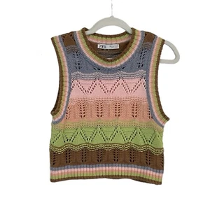 Zara Womens Small Crochet Chunky Knit Striped Rainbow Sweater Vest Colorful 70s - Picture 1 of 8