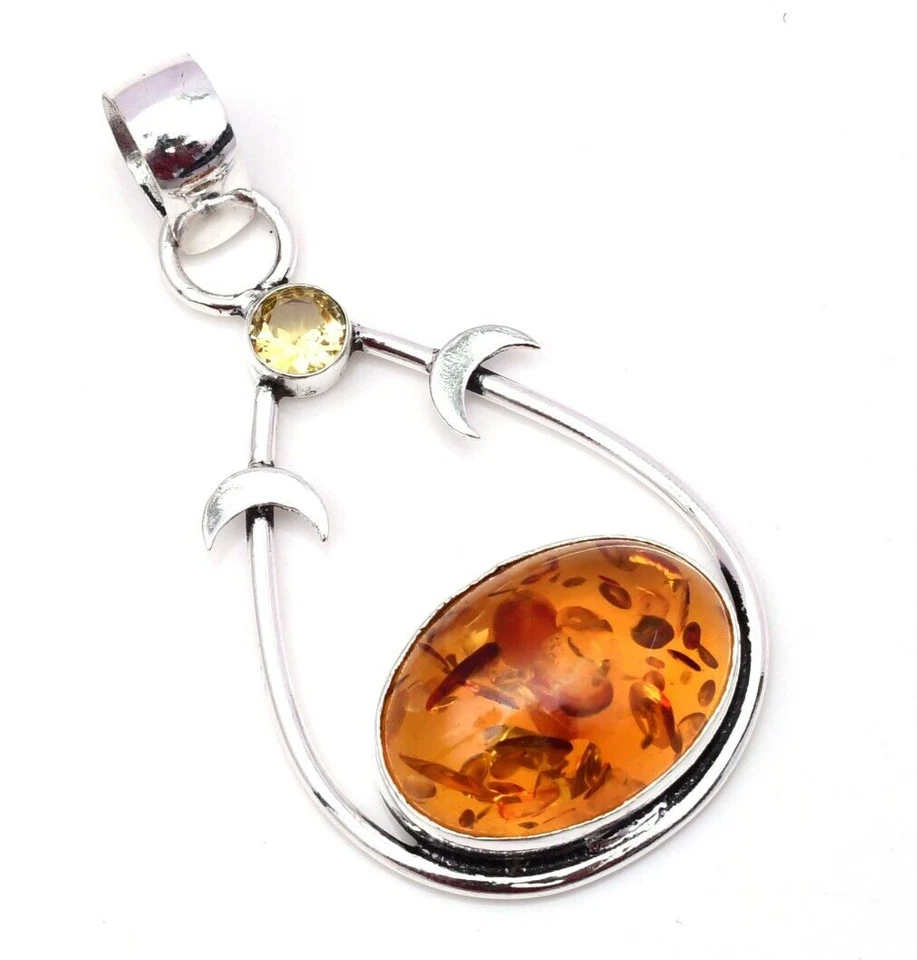 Ciondolo gioiello fatto a mano in argento sterling 925 con pietra preziosa am... - Immagine 1 di 4