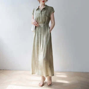 Light Green Linen Shirt Collar Long Dress Women's Summer Light Luxury Long Dress - Picture 1 of 26