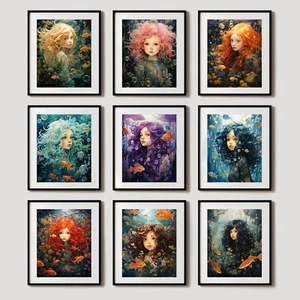 Juego de 9 impresiones de sirena, memorias de cabello colorido arte de pared, arte de fantasía para habitación de niñas - Imagen 1 de 10