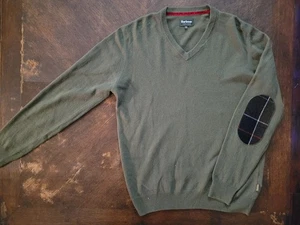 Barbour Sweater Vest Mens Medium Gray Wool Cashmere V Neck Pullover Elbow Patch - Picture 1 of 8