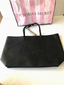 Victoria's Secret Black Faux Leather Travel Weekender Tote Bag Purse Tassel NWT - Picture 1 of 5