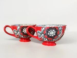 PAIR of Anthropologie Elka Ayaka Embossed Floral Twist Handle Footed Mugs Cups - Picture 1 of 10