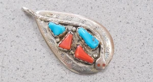 Effie C. Zuni Sterling Silver Turquoise & Coral Snake Pendant Charm FREE SHIPPIN - Picture 1 of 5